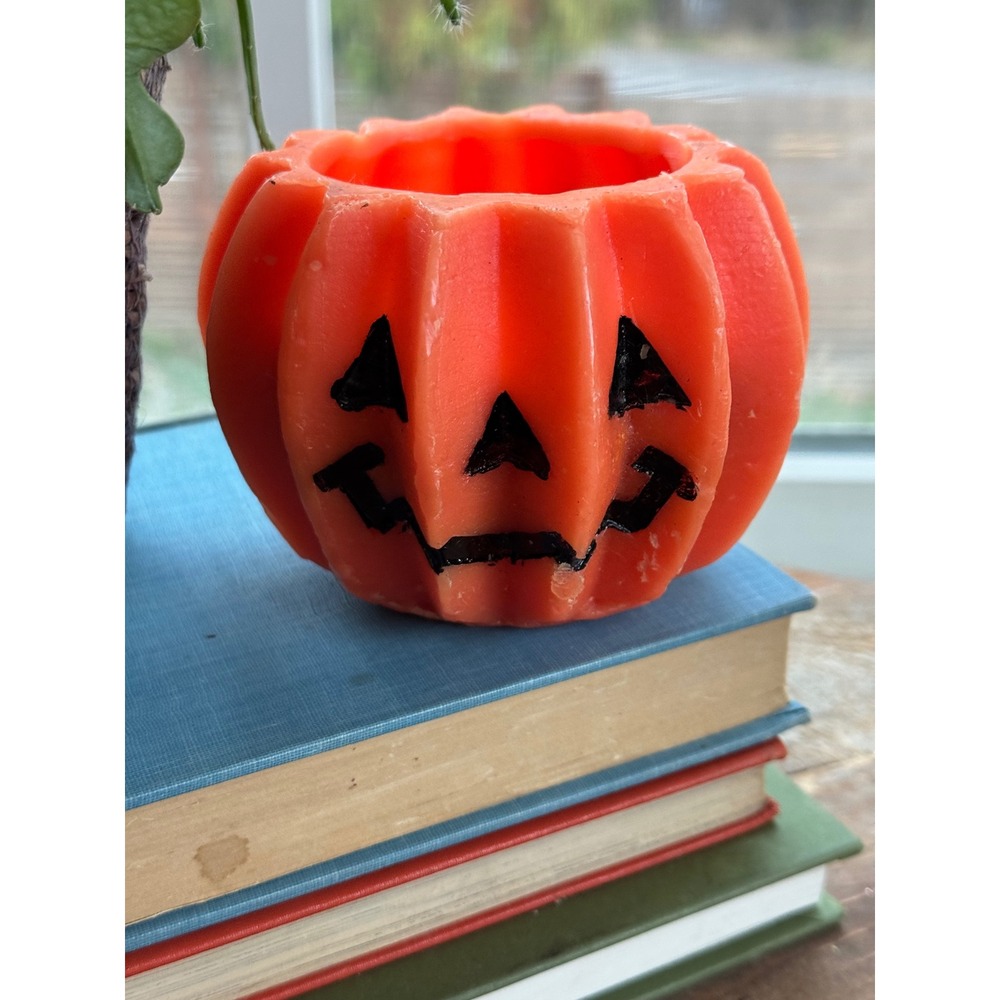 Vintage Halloween Jack O Lantern Pumpkin Candle Orange Wax Hand Painted Face